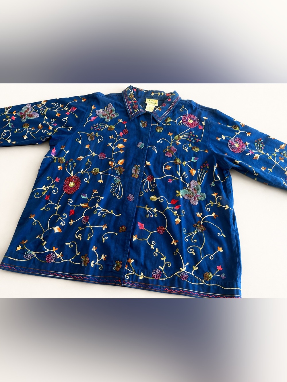 Quacker Factory Blue Beaded And Embroidered Floral And Butterfly Jacket 2X